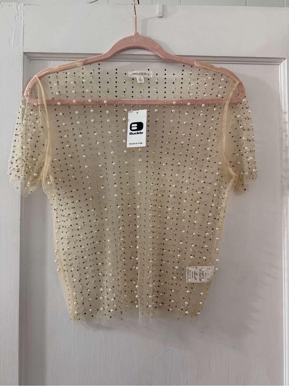 Buckle Nude Sheer Beaded Short-Sleeve Top